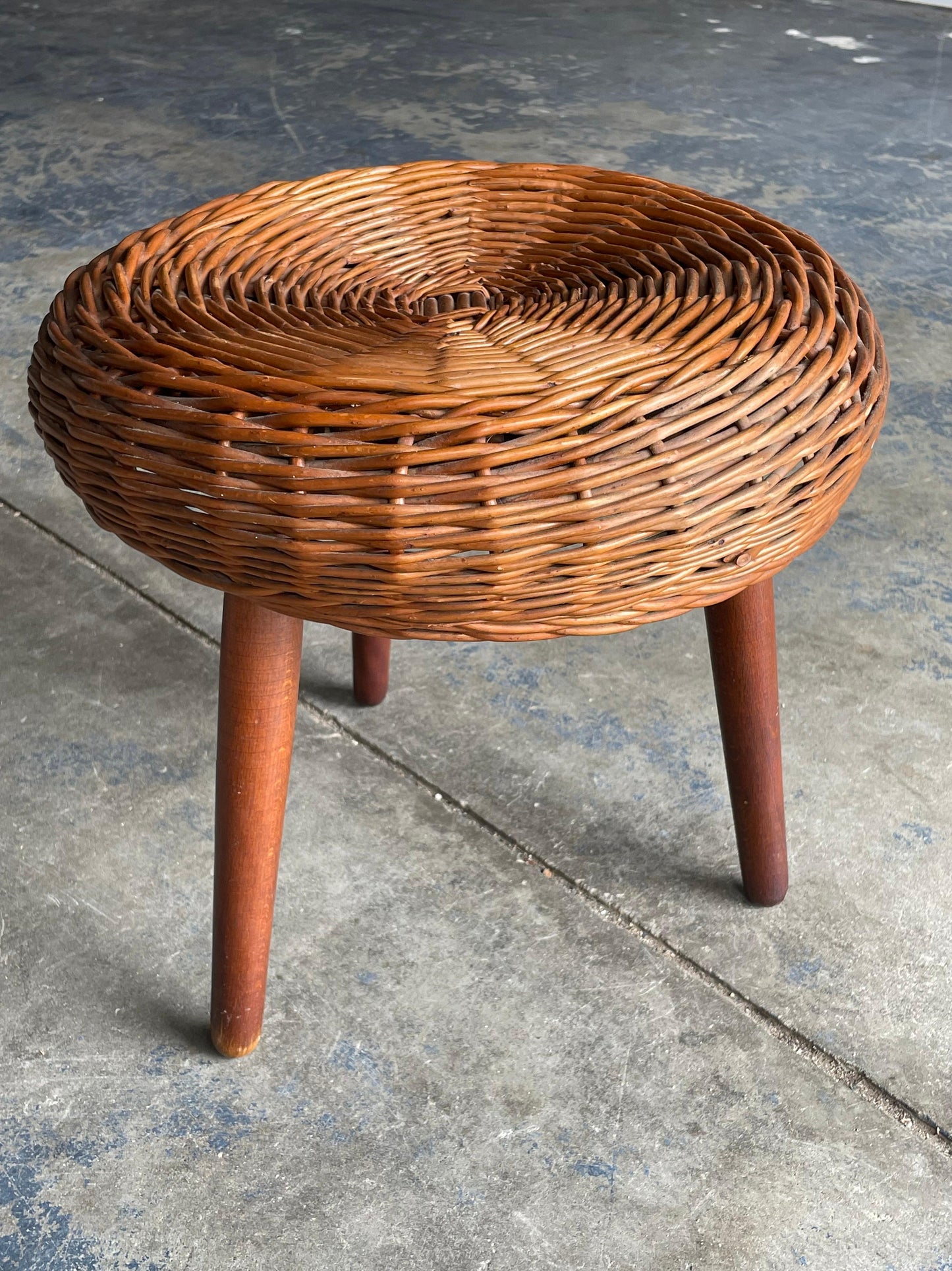 Frisman Vintage Tony Paul Attributed Tripod Stool or table, Rattan and Wood