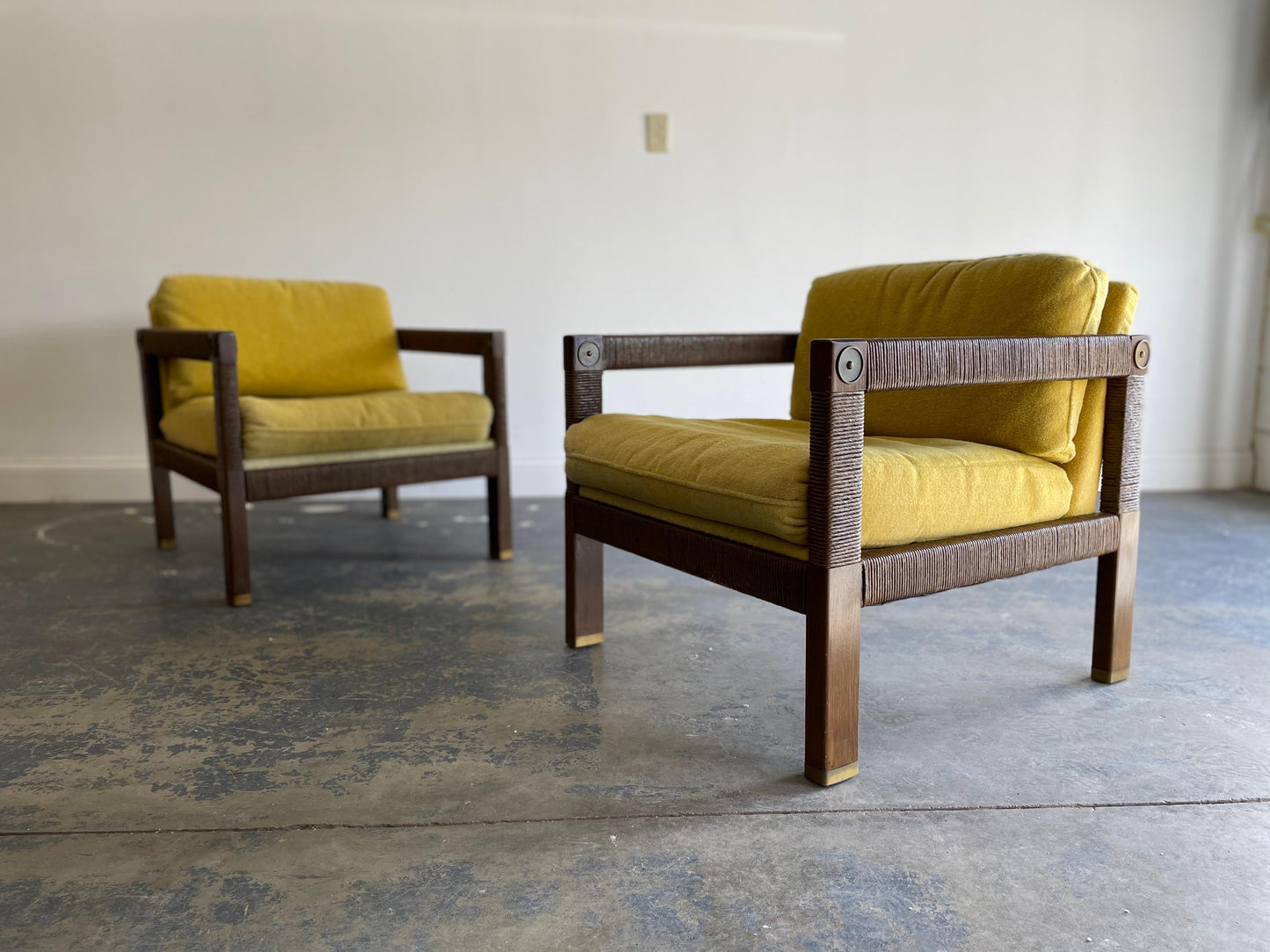 Frisman Vintage Modernist Club Chairs, Brass and Rush Cord