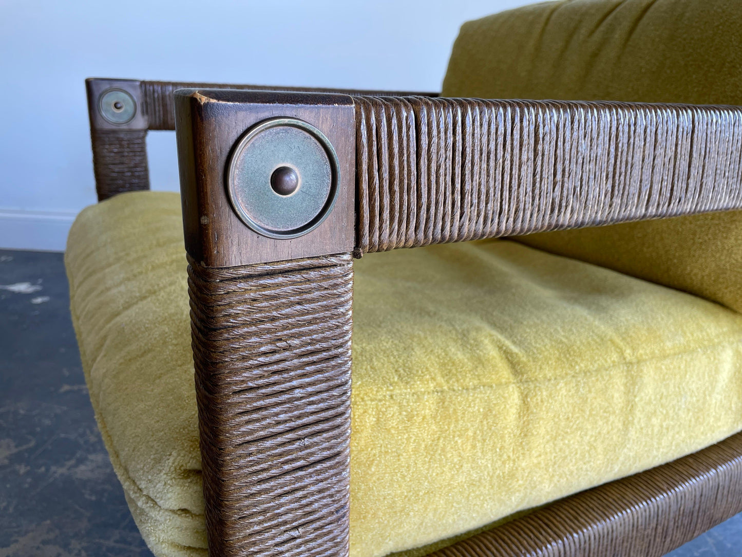 Frisman Vintage Modernist Club Chairs, Brass and Rush Cord