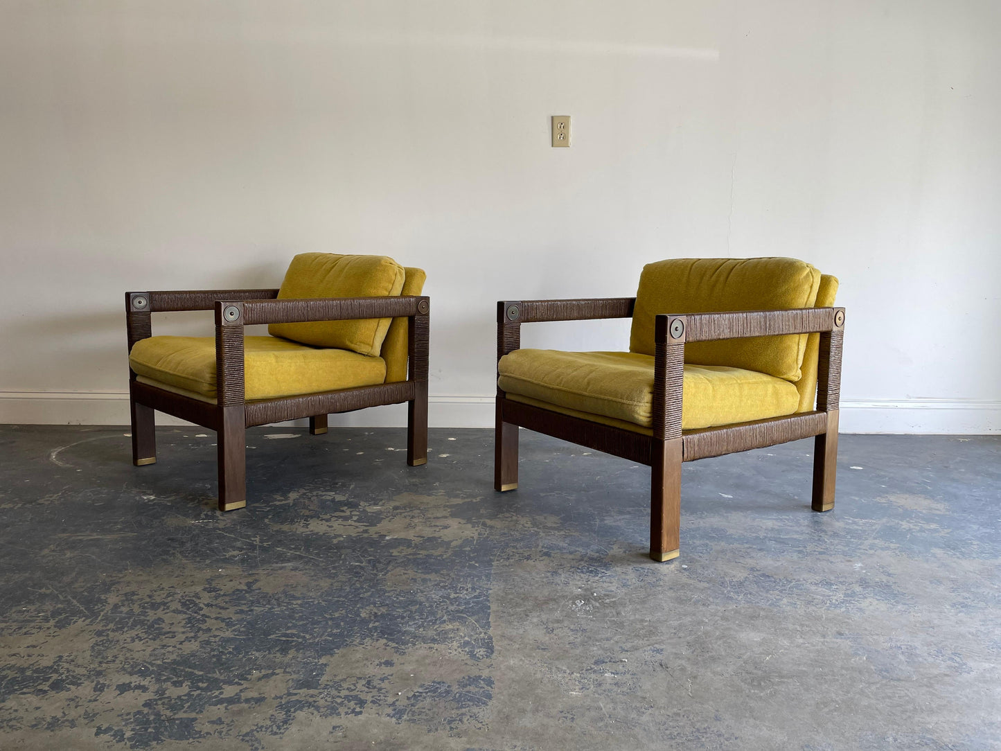 Frisman Vintage Modernist Club Chairs, Brass and Rush Cord