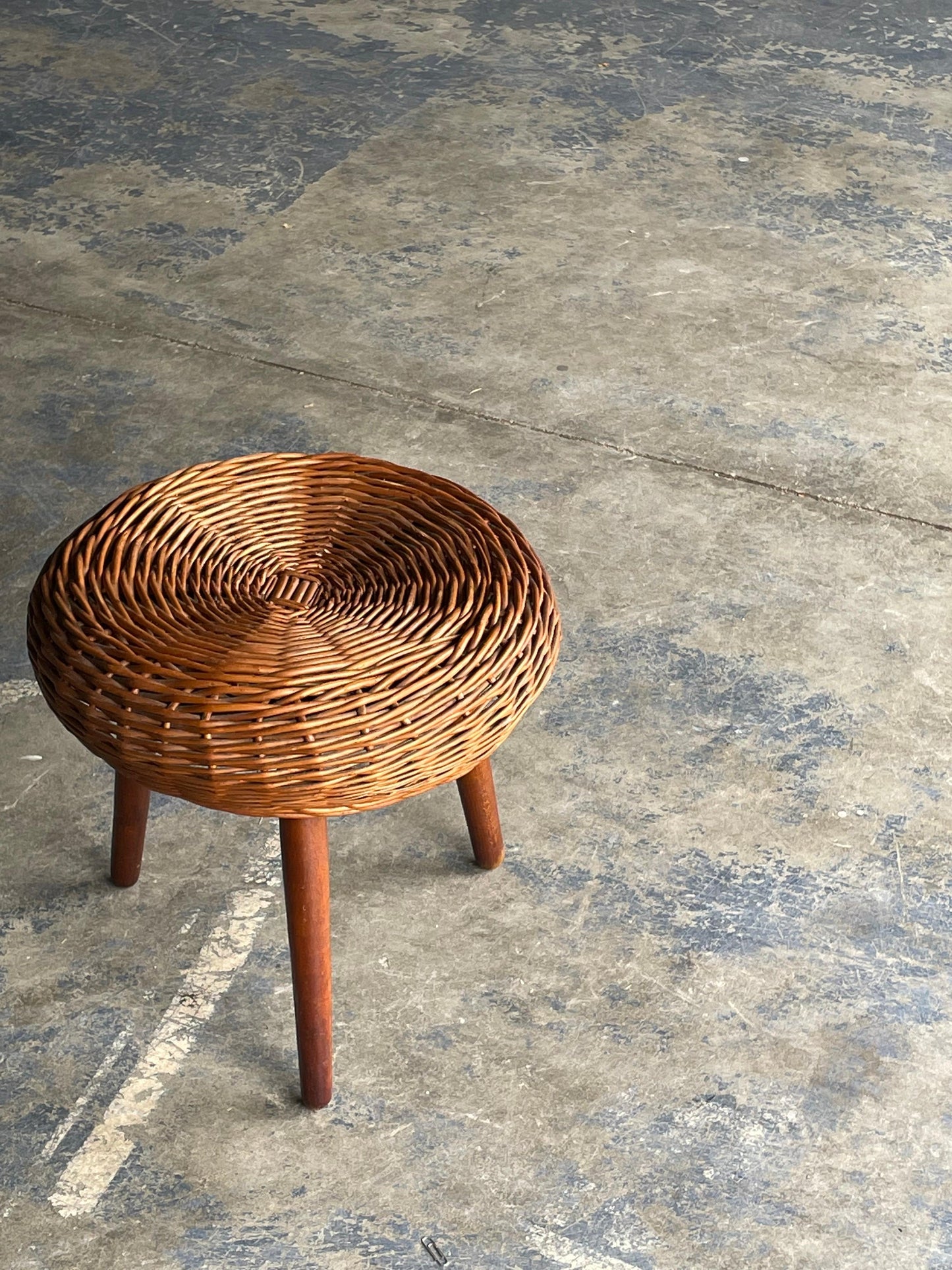 Frisman Vintage Tony Paul Attributed Tripod Stool or table, Rattan and Wood