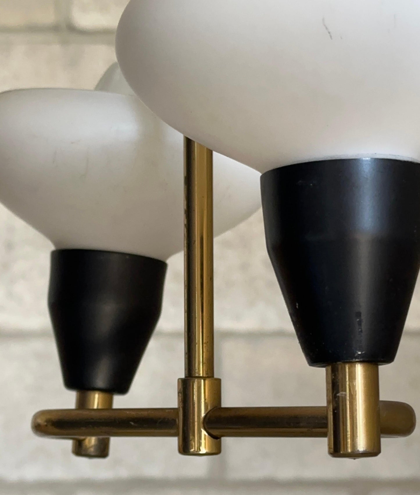 Frisman Vintage 1950s Brass, Metal, and Opaline Glass Hanging Ceiling Light, Sweden