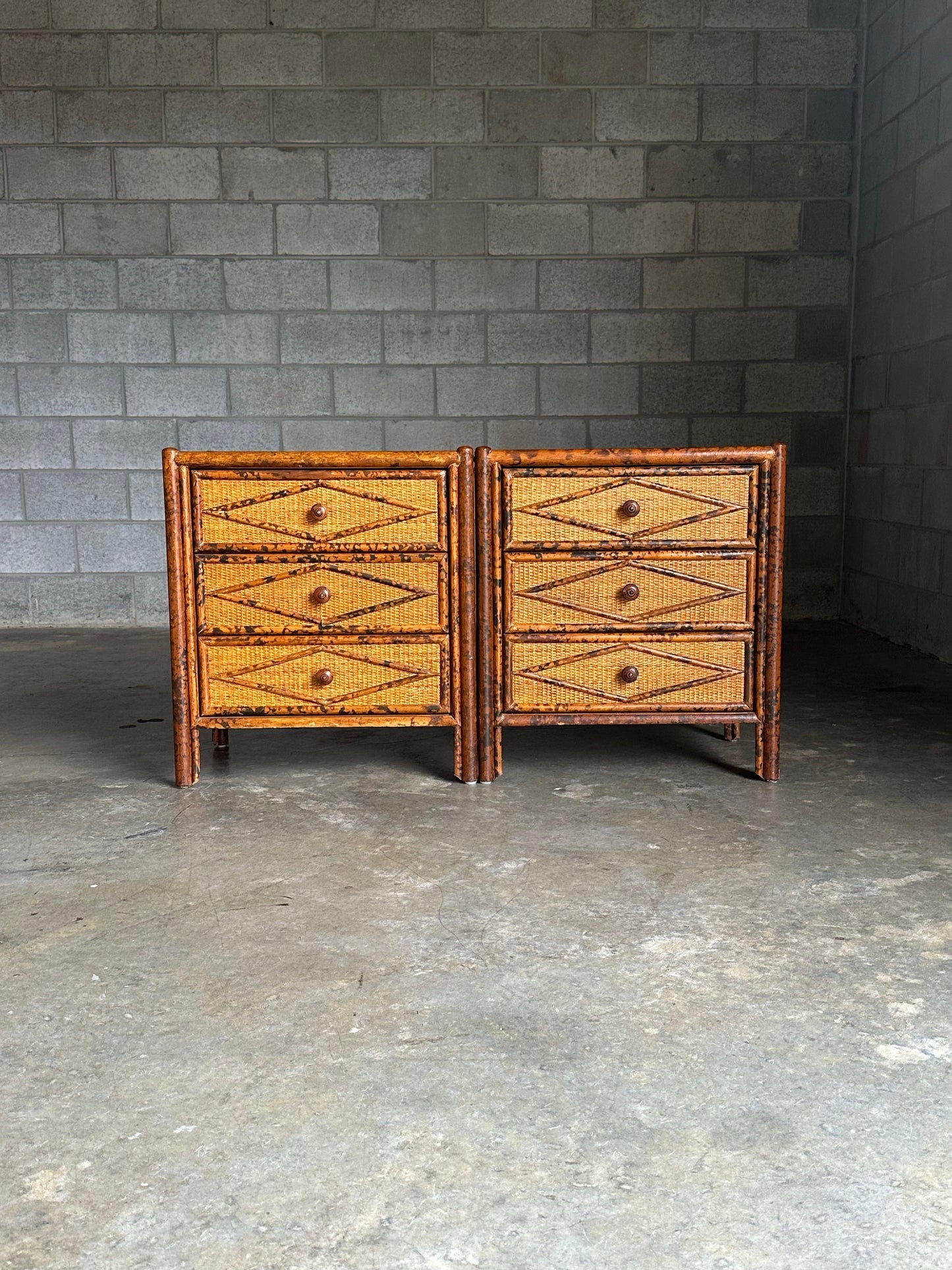 Frisman Vintage 1980s Vintage British Colonial Style Burnt Bamboo and Cane Nightstands- A Pair