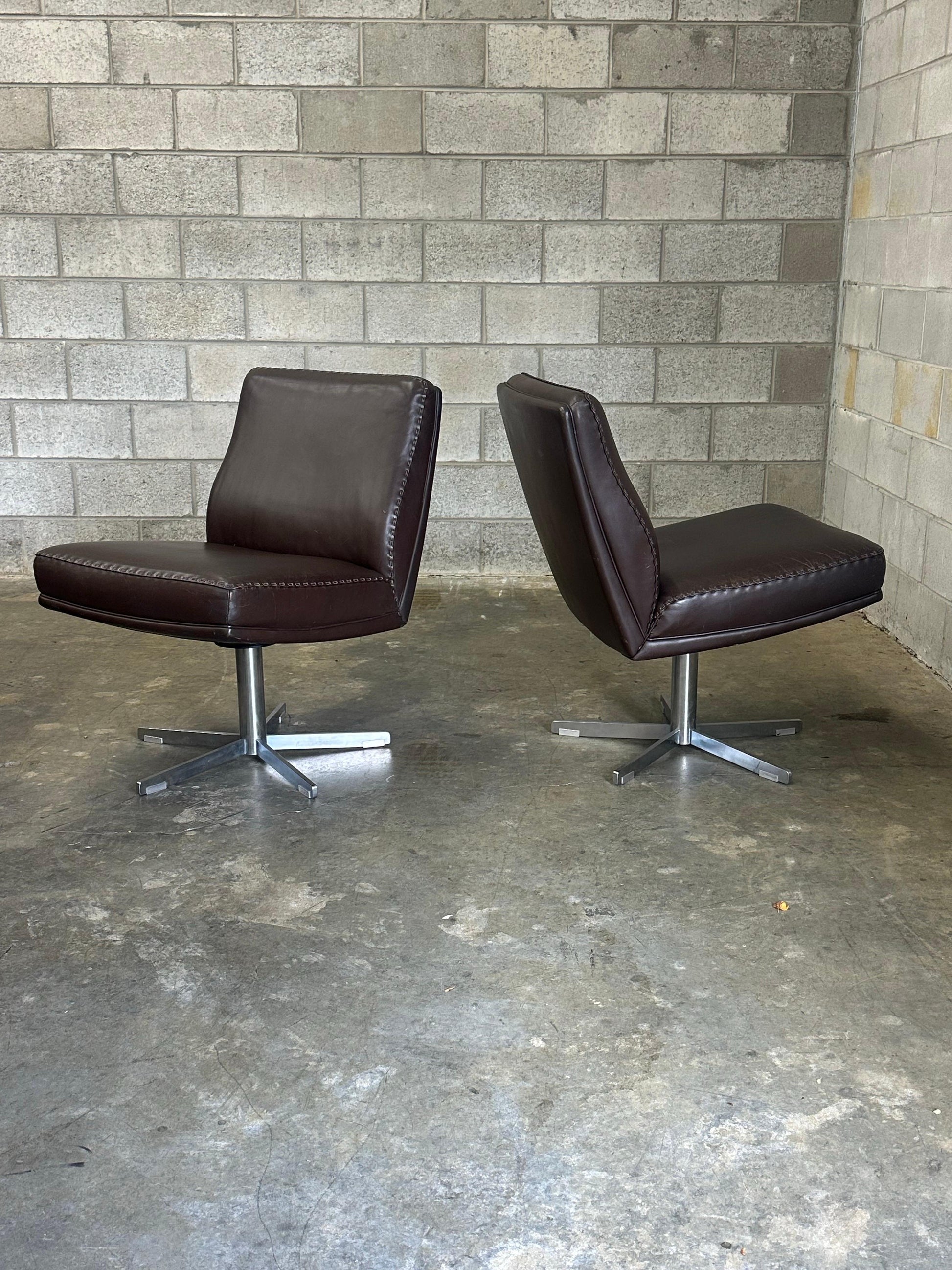 Frisman Vintage 1970s De Sede Leather and Metal Swivel Chairs- A Pair