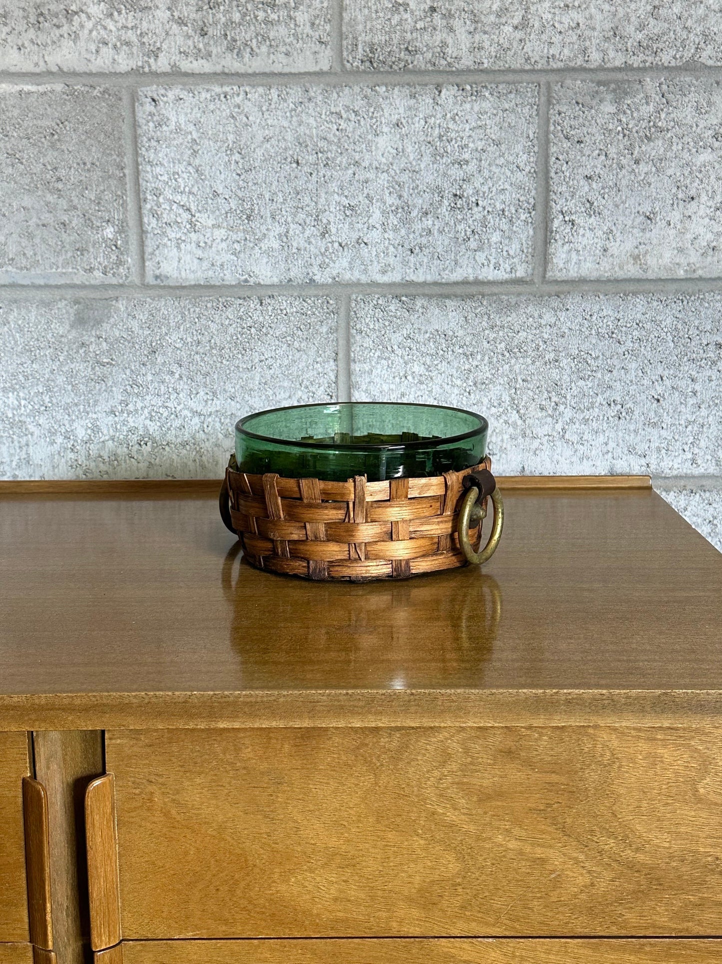 Frisman Vintage Sweden Green Glass and Wicker Large Bowl