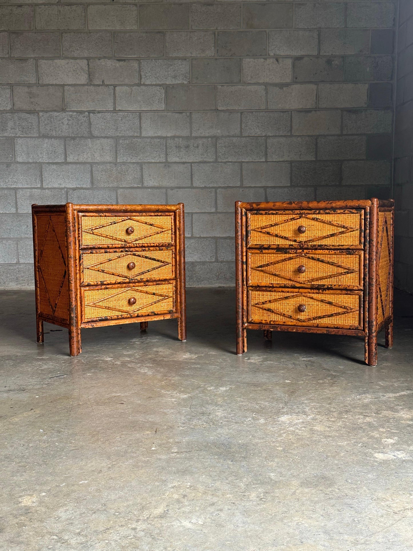 Frisman Vintage 1980s Vintage British Colonial Style Burnt Bamboo and Cane Nightstands- A Pair