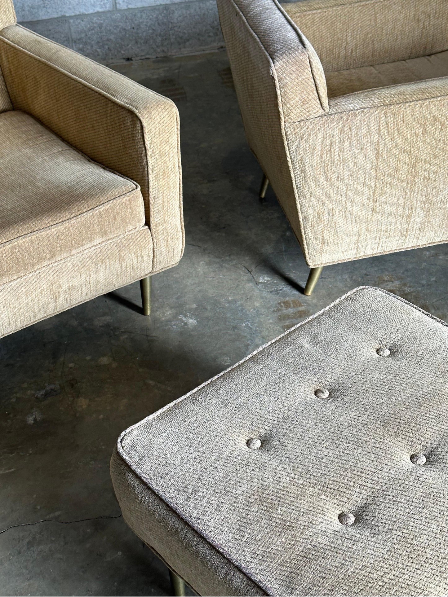 Frisman Vintage Edward Wormley for Dunbar Brass Leg Lounge Chairs and Ottoman