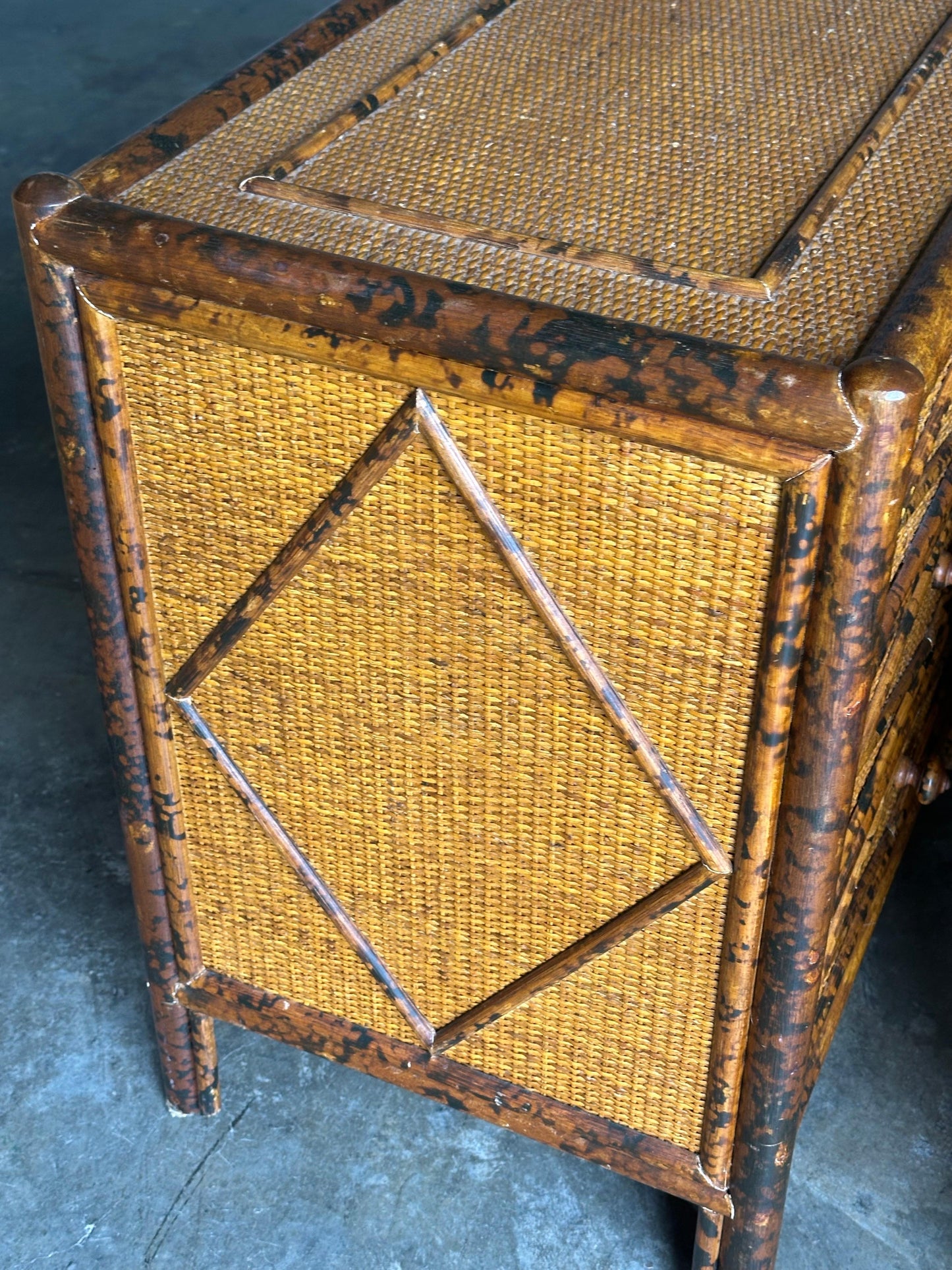 Frisman Vintage 1980s Vintage British Colonial Style Burnt Bamboo and Cane Nightstands- A Pair