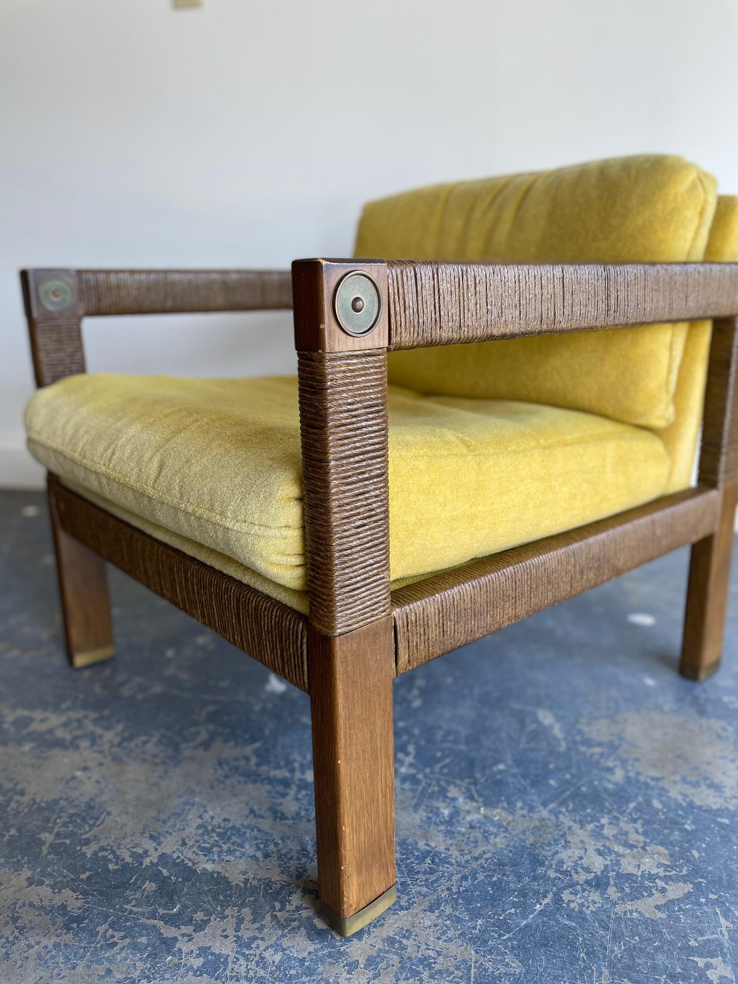 Frisman Vintage Modernist Club Chairs, Brass and Rush Cord
