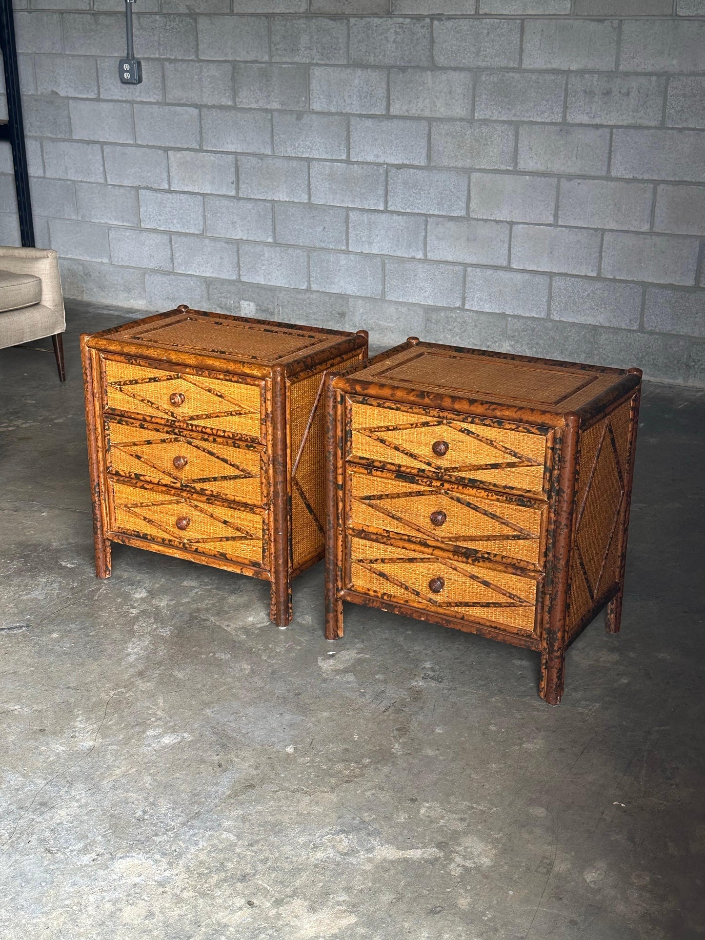 Frisman Vintage 1980s Vintage British Colonial Style Burnt Bamboo and Cane Nightstands- A Pair