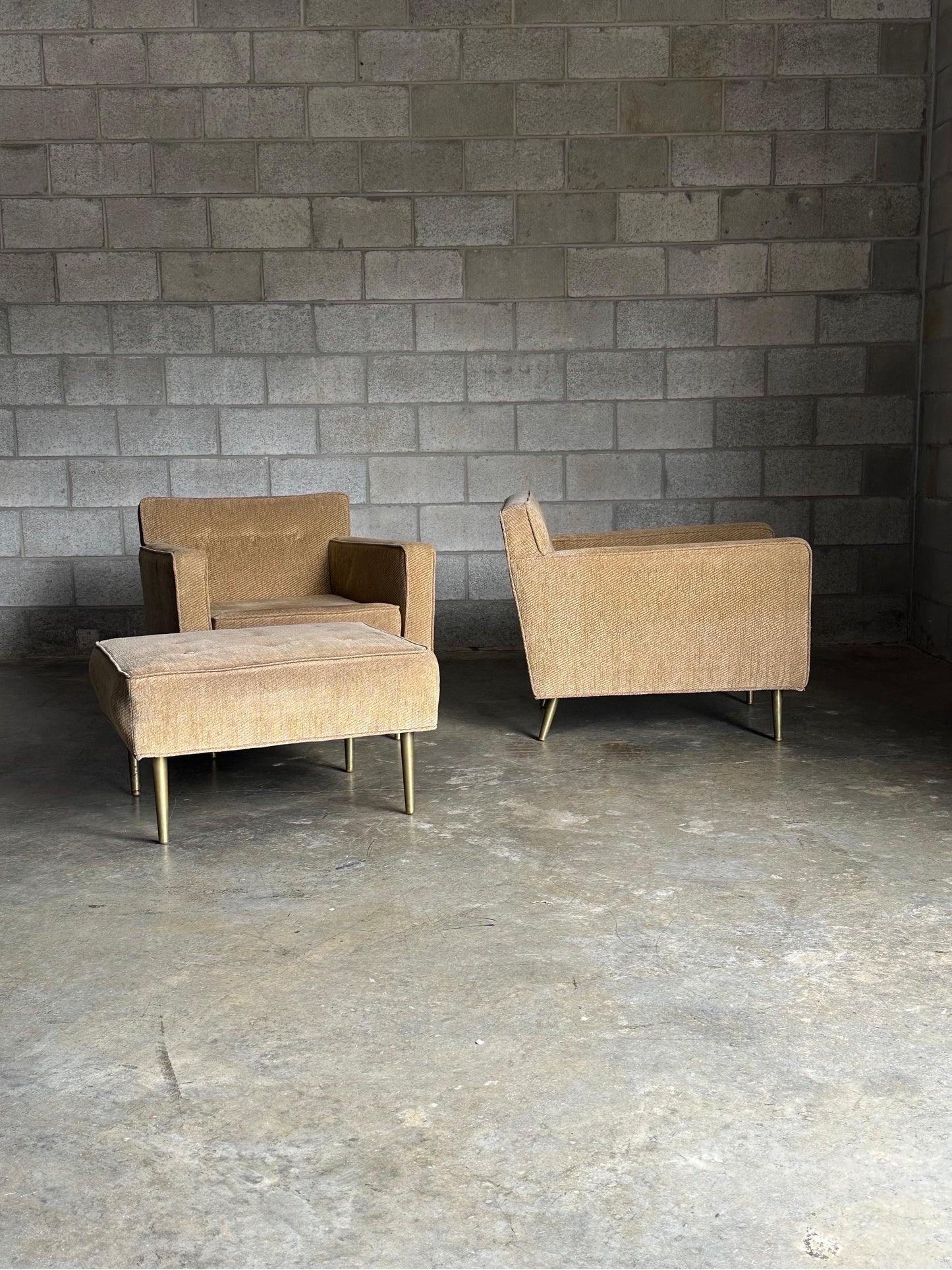 Frisman Vintage Edward Wormley for Dunbar Brass Leg Lounge Chairs and Ottoman