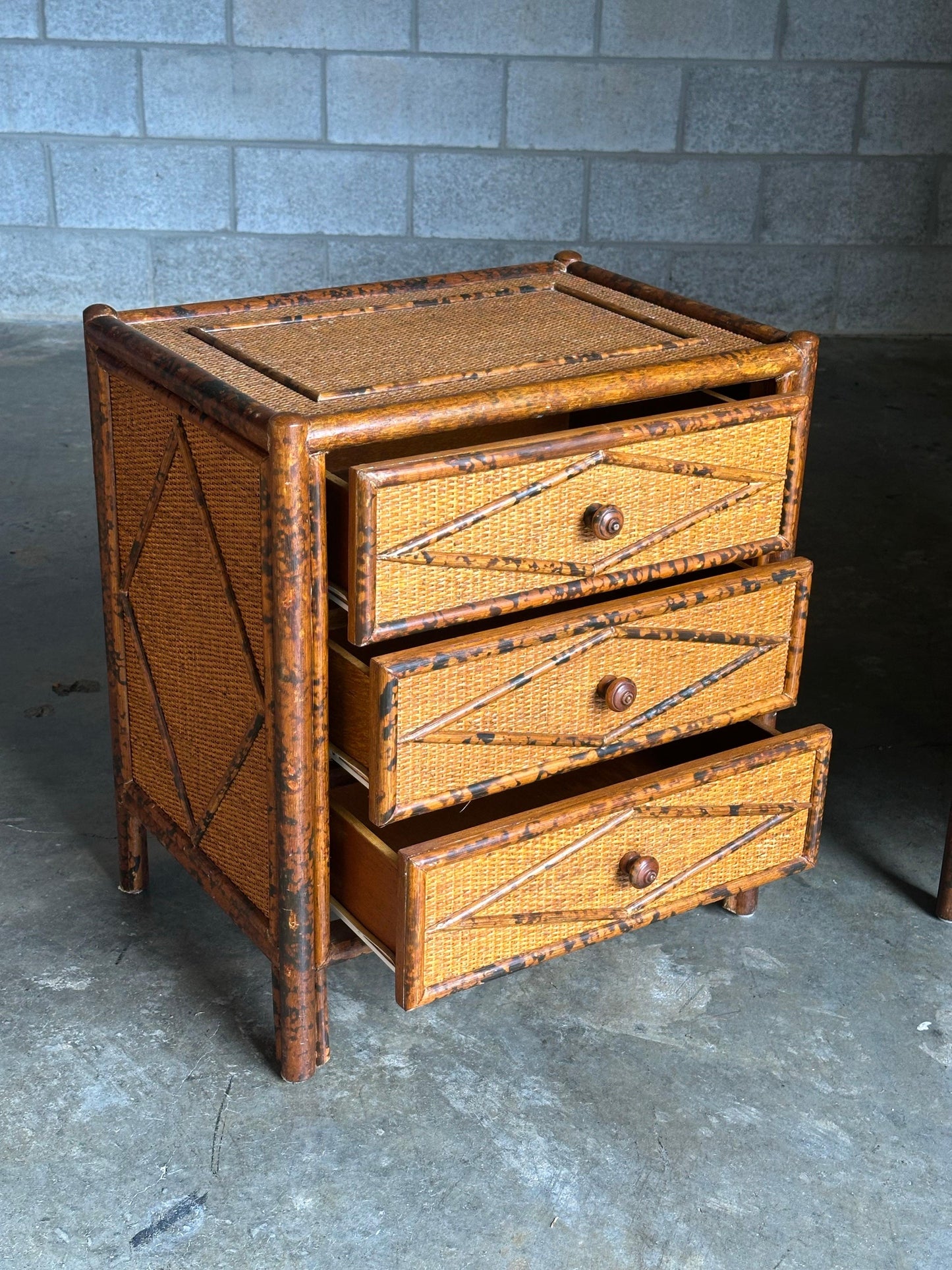 Frisman Vintage 1980s Vintage British Colonial Style Burnt Bamboo and Cane Nightstands- A Pair