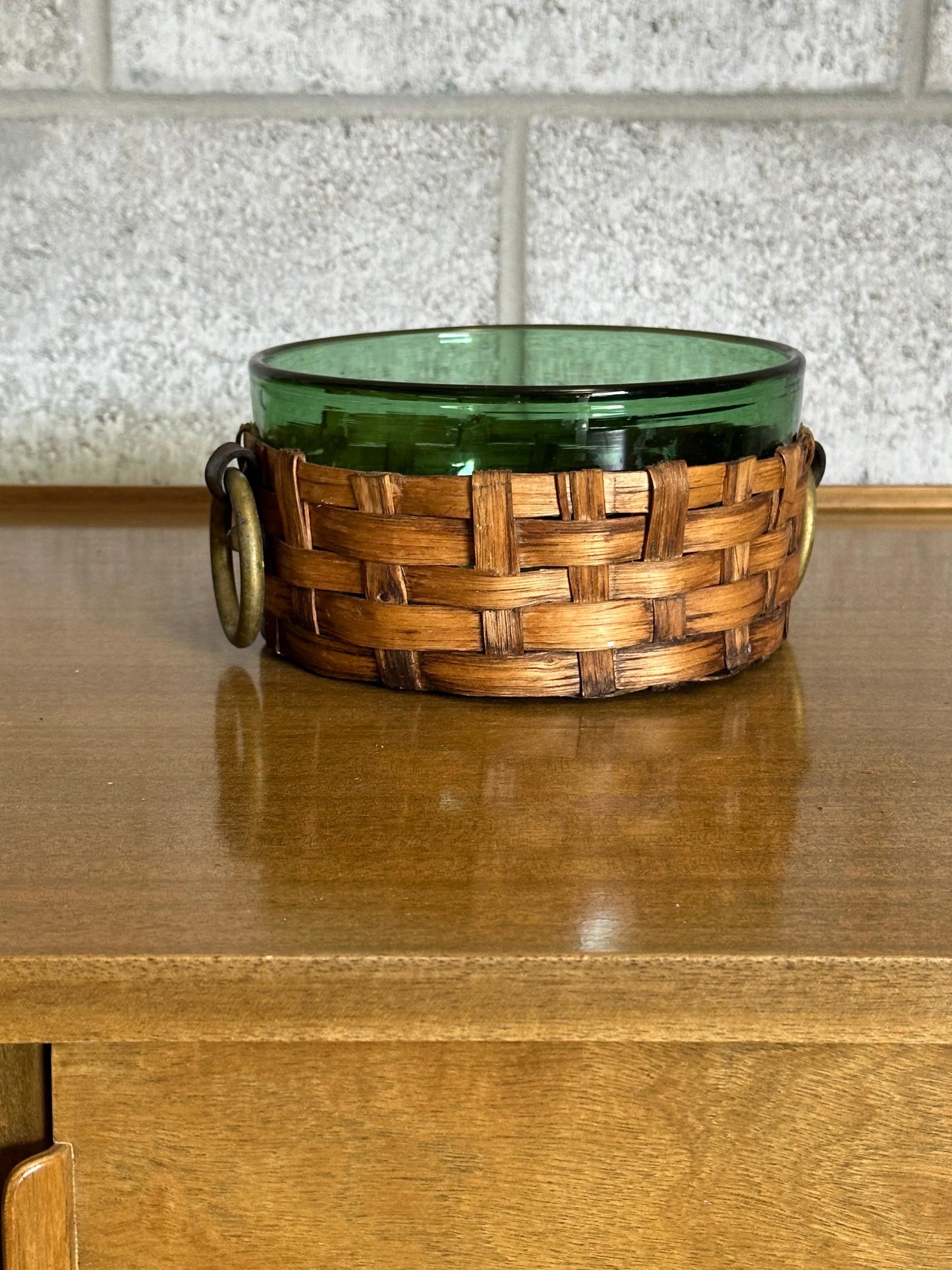 Frisman Vintage Sweden Green Glass and Wicker Large Bowl