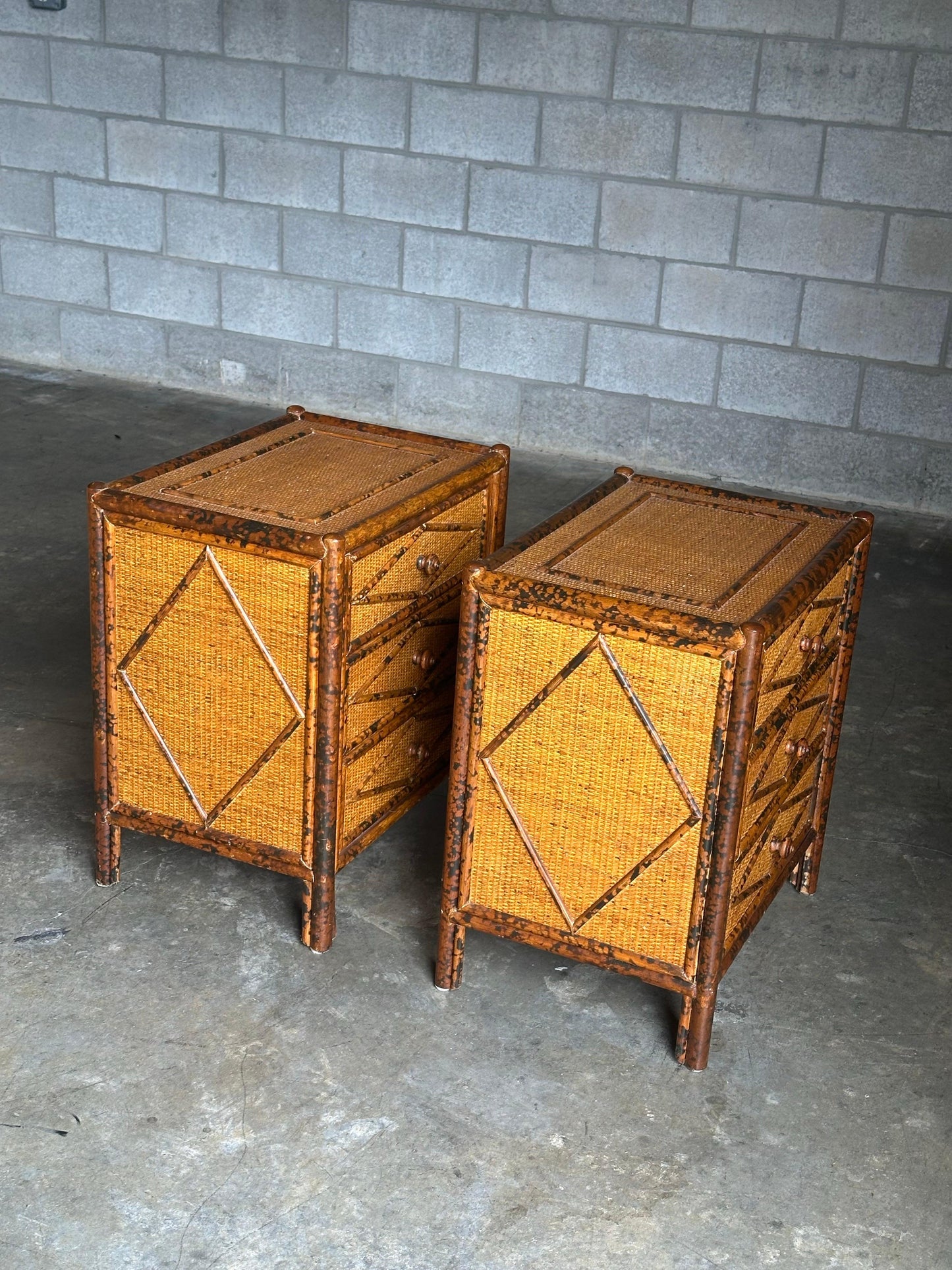 Frisman Vintage 1980s Vintage British Colonial Style Burnt Bamboo and Cane Nightstands- A Pair