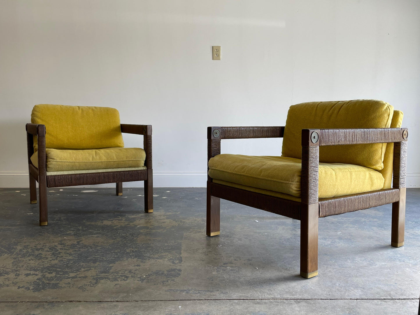 Frisman Vintage Modernist Club Chairs, Brass and Rush Cord