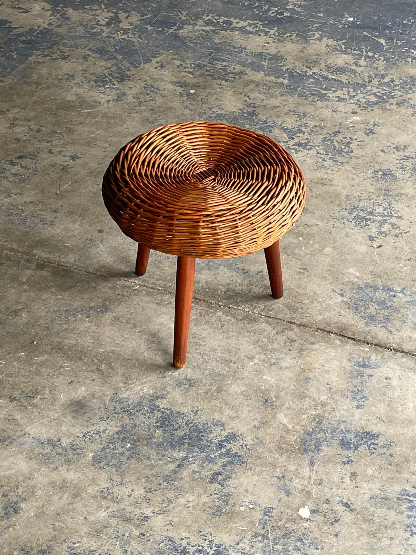 Frisman Vintage Tony Paul Attributed Tripod Stool or table, Rattan and Wood