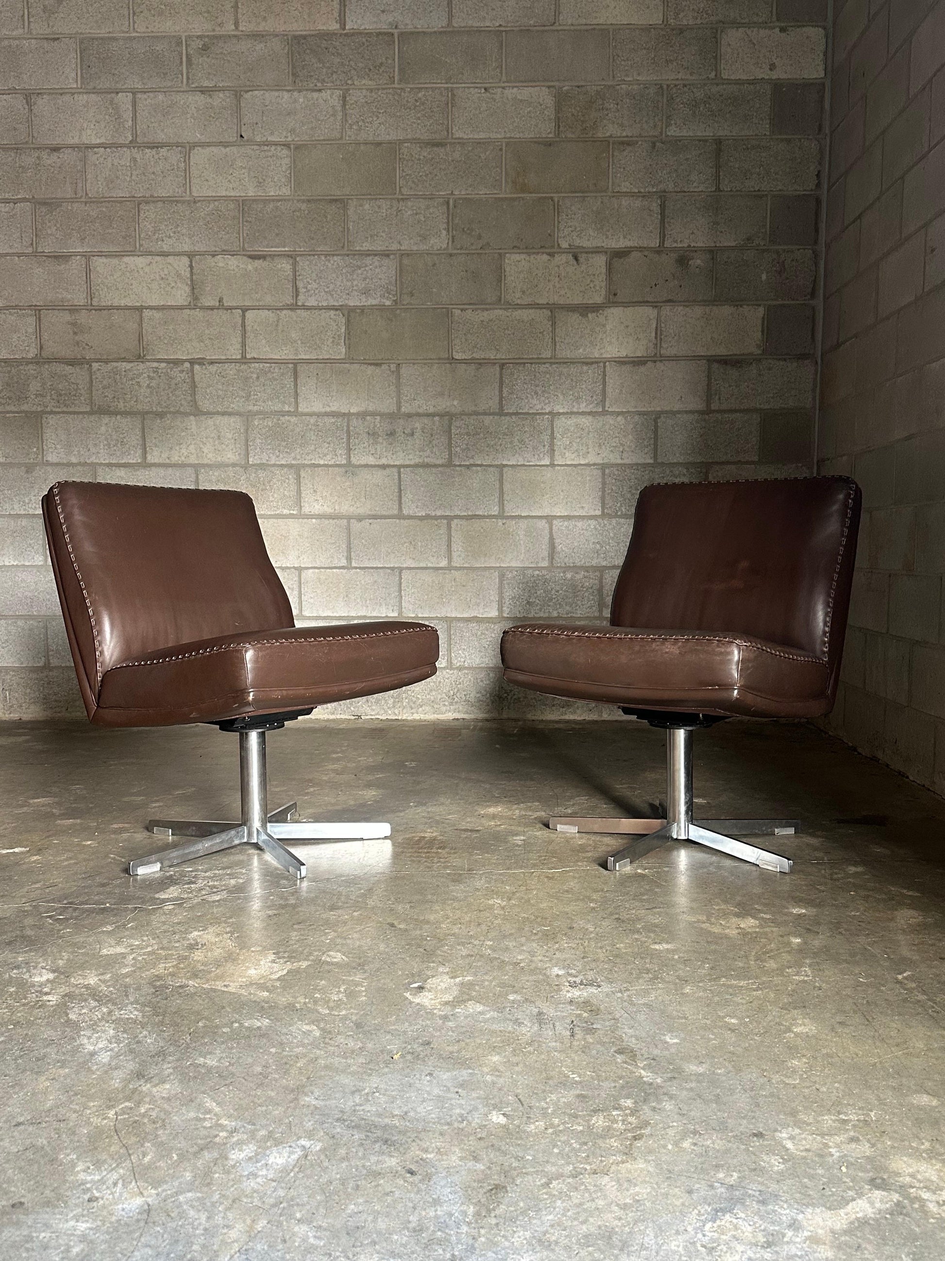 Frisman Vintage 1970s De Sede Leather and Metal Swivel Chairs- A Pair