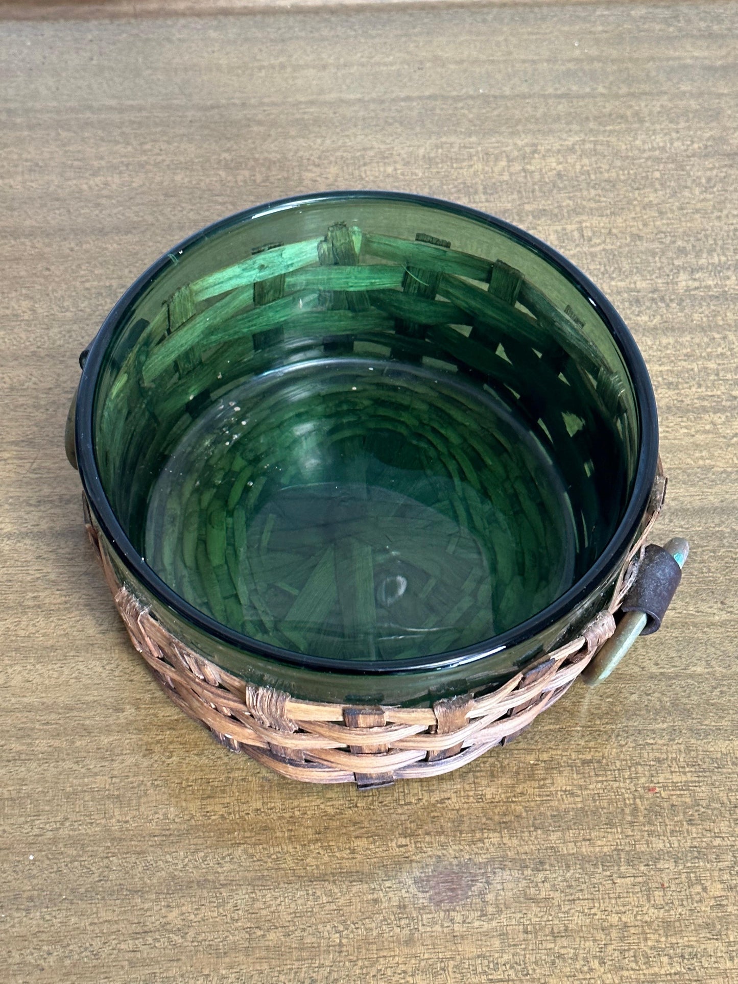Frisman Vintage Sweden Green Glass and Wicker Large Bowl