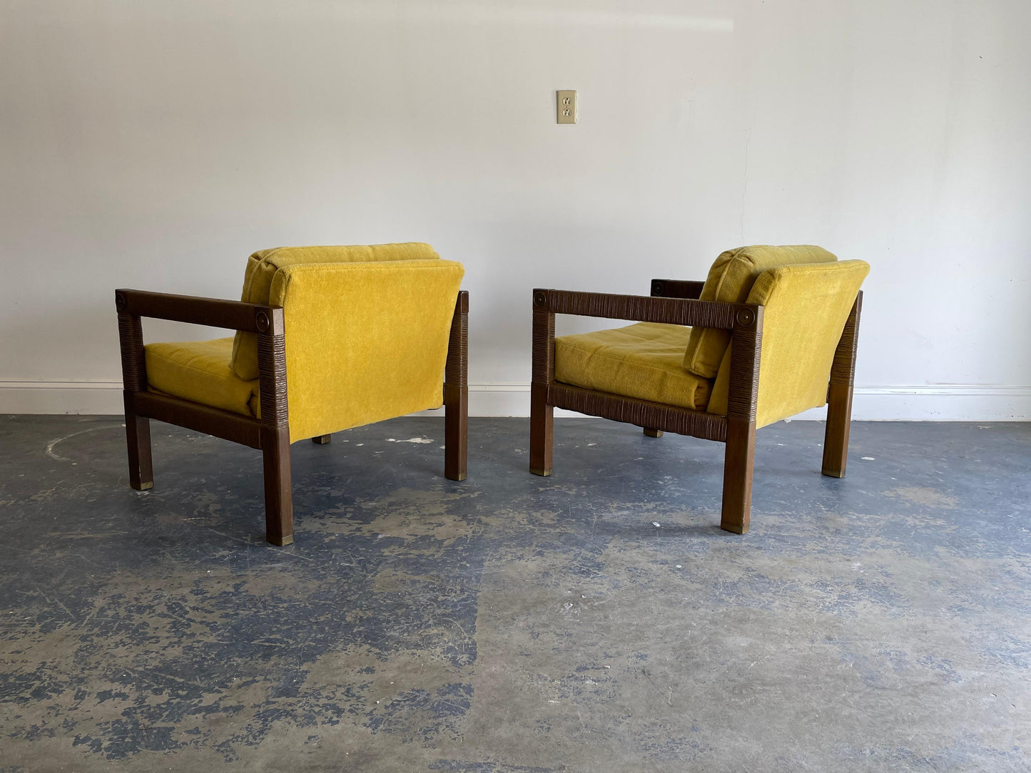 Frisman Vintage Modernist Club Chairs, Brass and Rush Cord