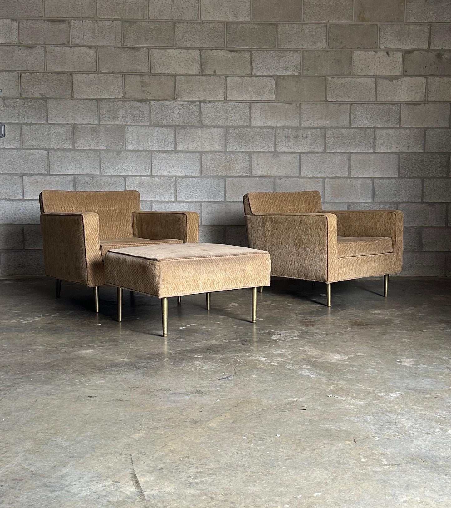 Frisman Vintage Edward Wormley for Dunbar Brass Leg Lounge Chairs and Ottoman