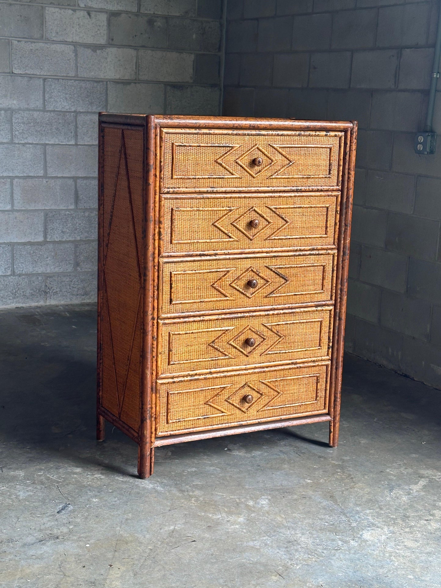 Frisman Vintage Vintage British Colonial Style Bamboo and Rattan Tall Chest