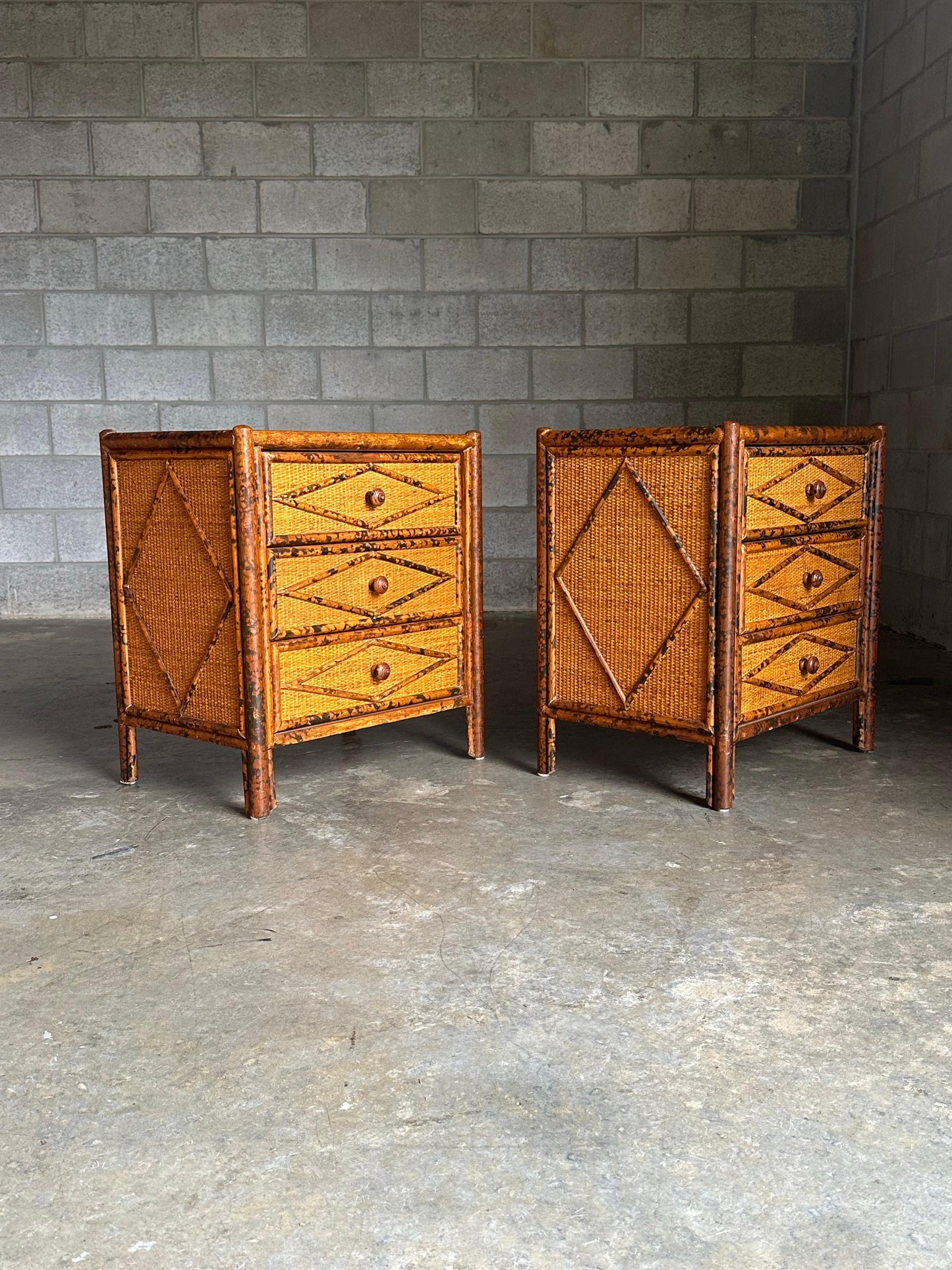 Frisman Vintage 1980s Vintage British Colonial Style Burnt Bamboo and Cane Nightstands- A Pair