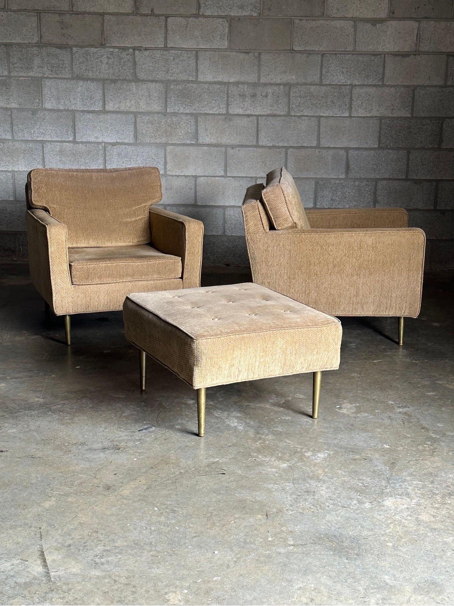 Frisman Vintage Edward Wormley for Dunbar Brass Leg Lounge Chairs and Ottoman