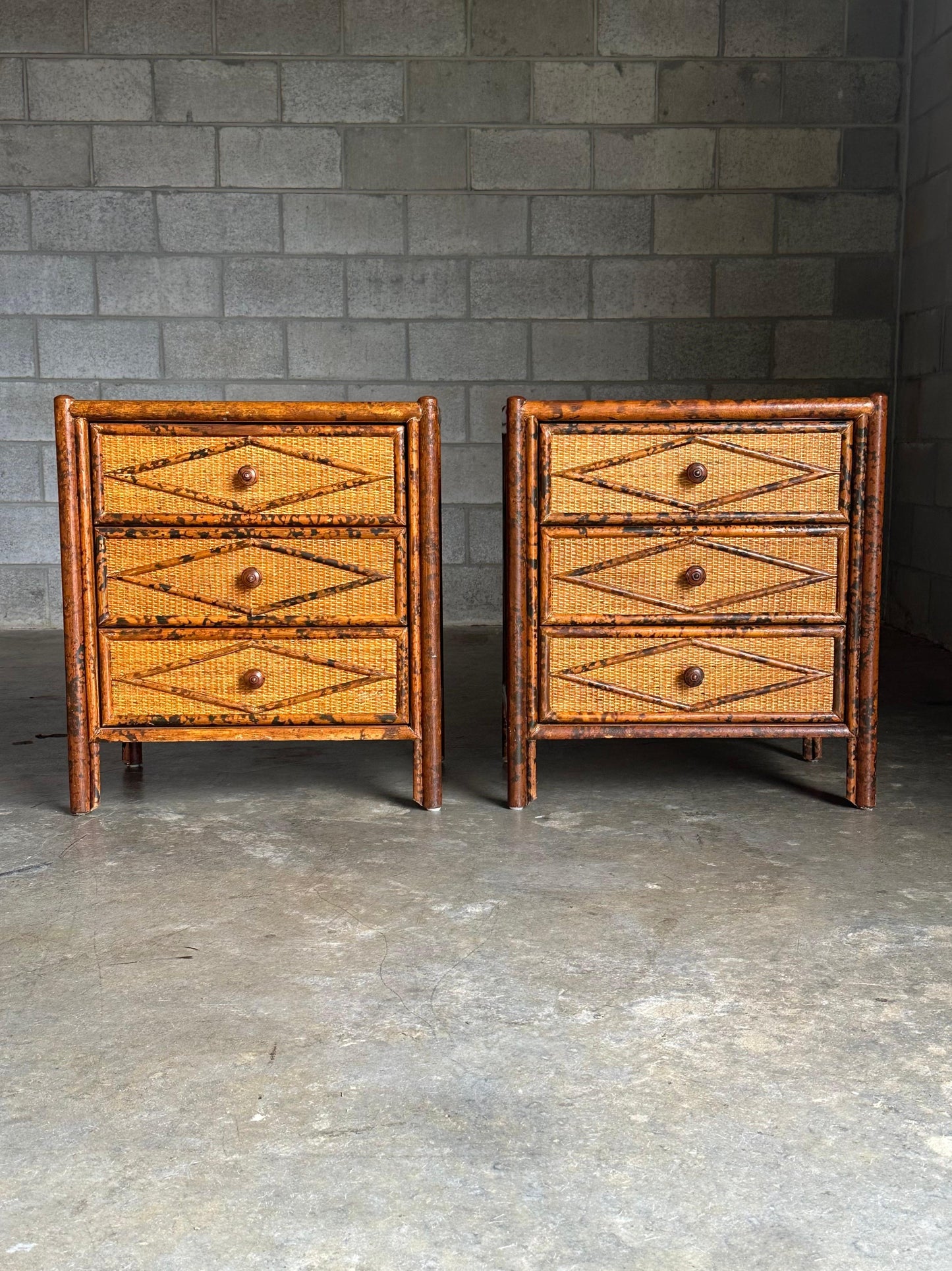 Frisman Vintage 1980s Vintage British Colonial Style Burnt Bamboo and Cane Nightstands- A Pair