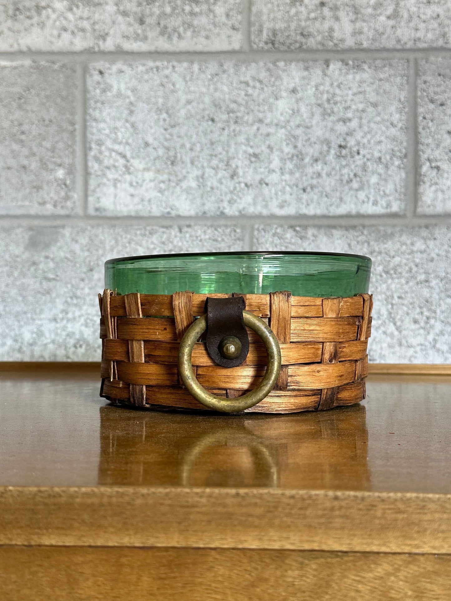 Frisman Vintage Sweden Green Glass and Wicker Large Bowl