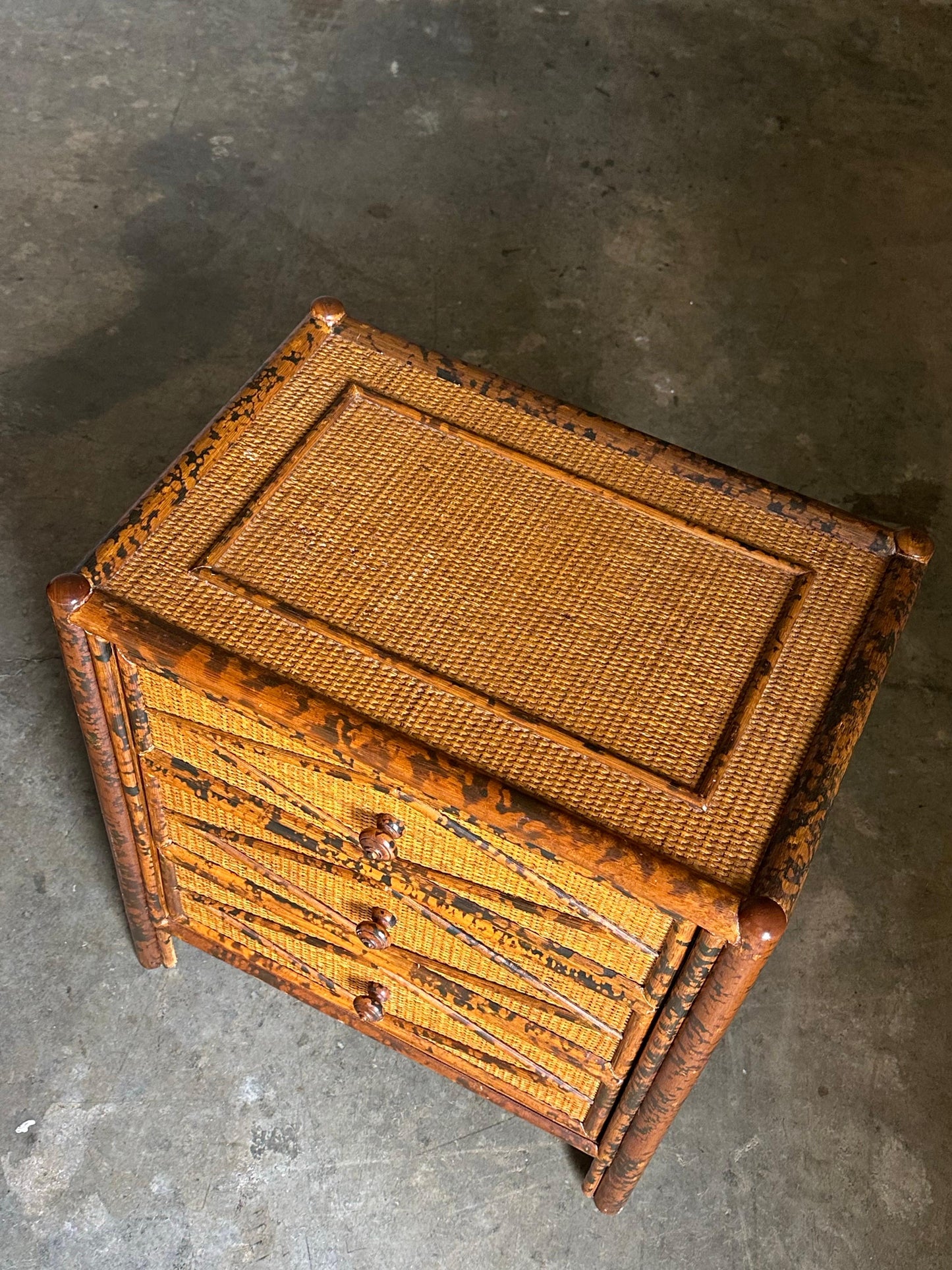 Frisman Vintage 1980s Vintage British Colonial Style Burnt Bamboo and Cane Nightstands- A Pair