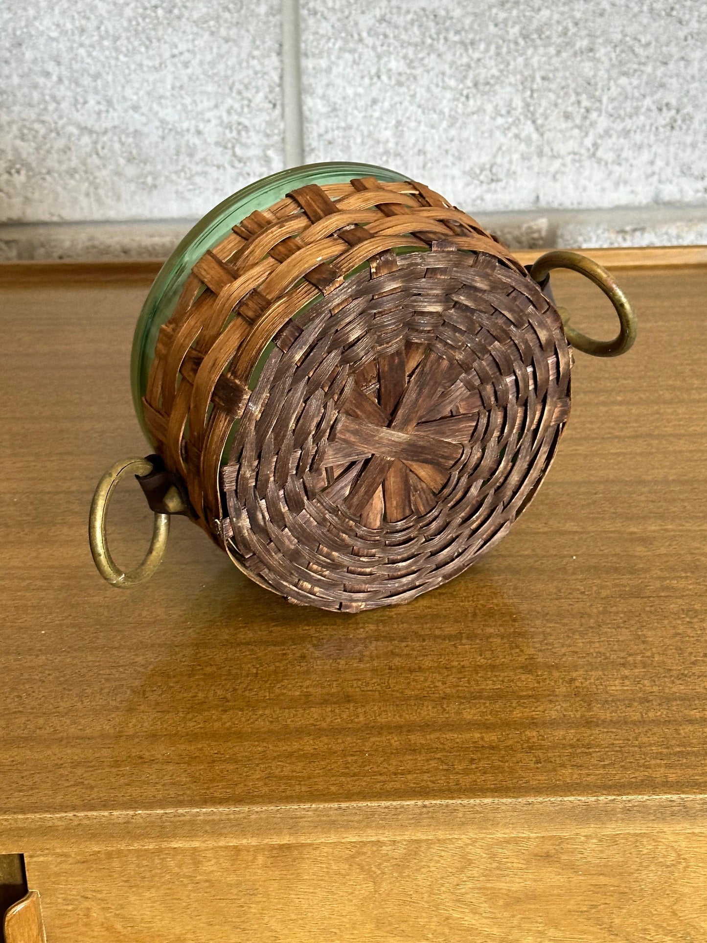 Frisman Vintage Sweden Green Glass and Wicker Large Bowl