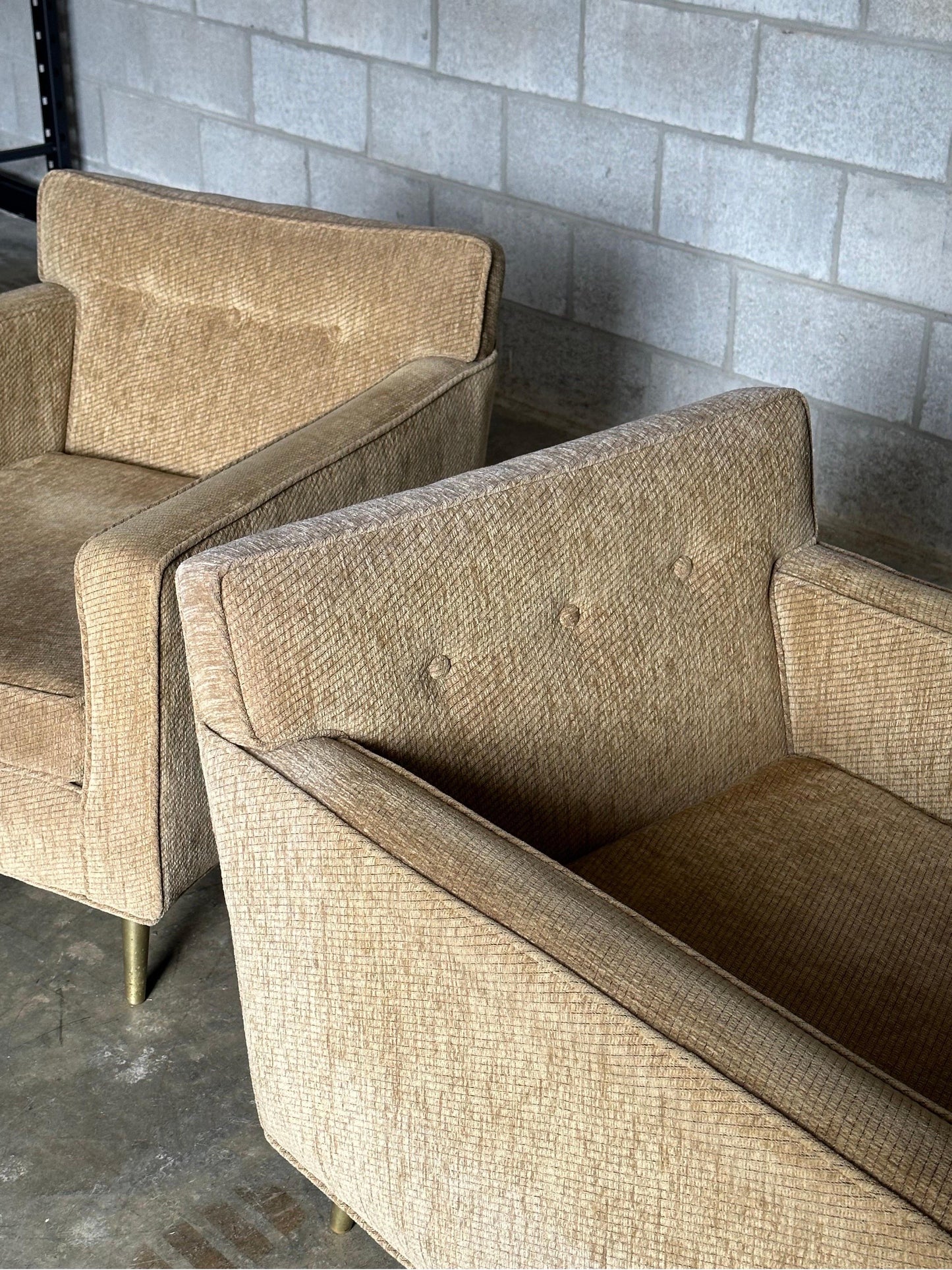 Frisman Vintage Edward Wormley for Dunbar Brass Leg Lounge Chairs and Ottoman