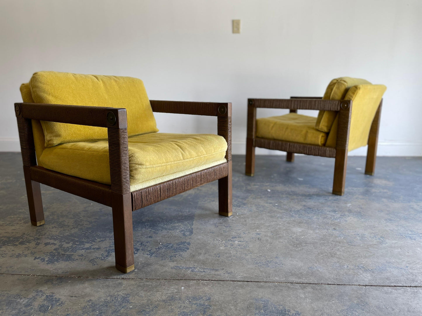 Frisman Vintage Modernist Club Chairs, Brass and Rush Cord
