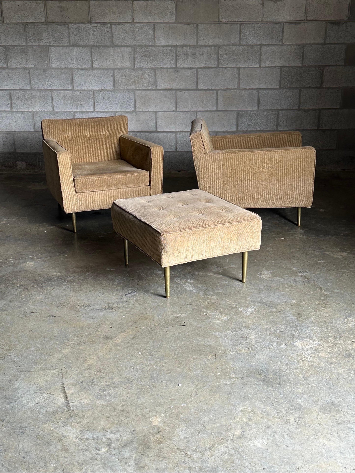 Frisman Vintage Edward Wormley for Dunbar Brass Leg Lounge Chairs and Ottoman