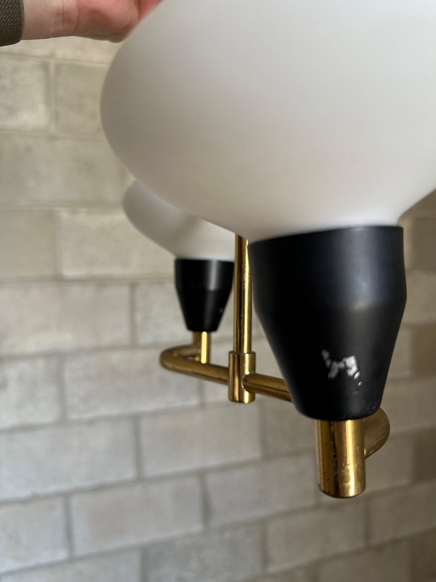 Frisman Vintage 1950s Brass, Metal, and Opaline Glass Hanging Ceiling Light, Sweden