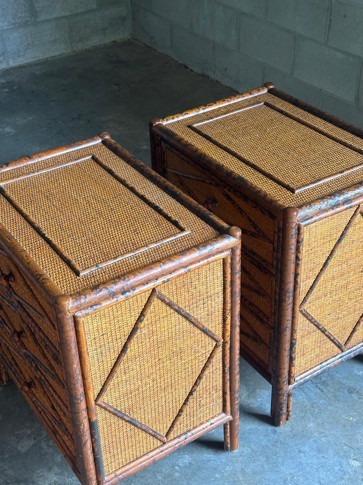Frisman Vintage 1980s Vintage British Colonial Style Burnt Bamboo and Cane Nightstands- A Pair