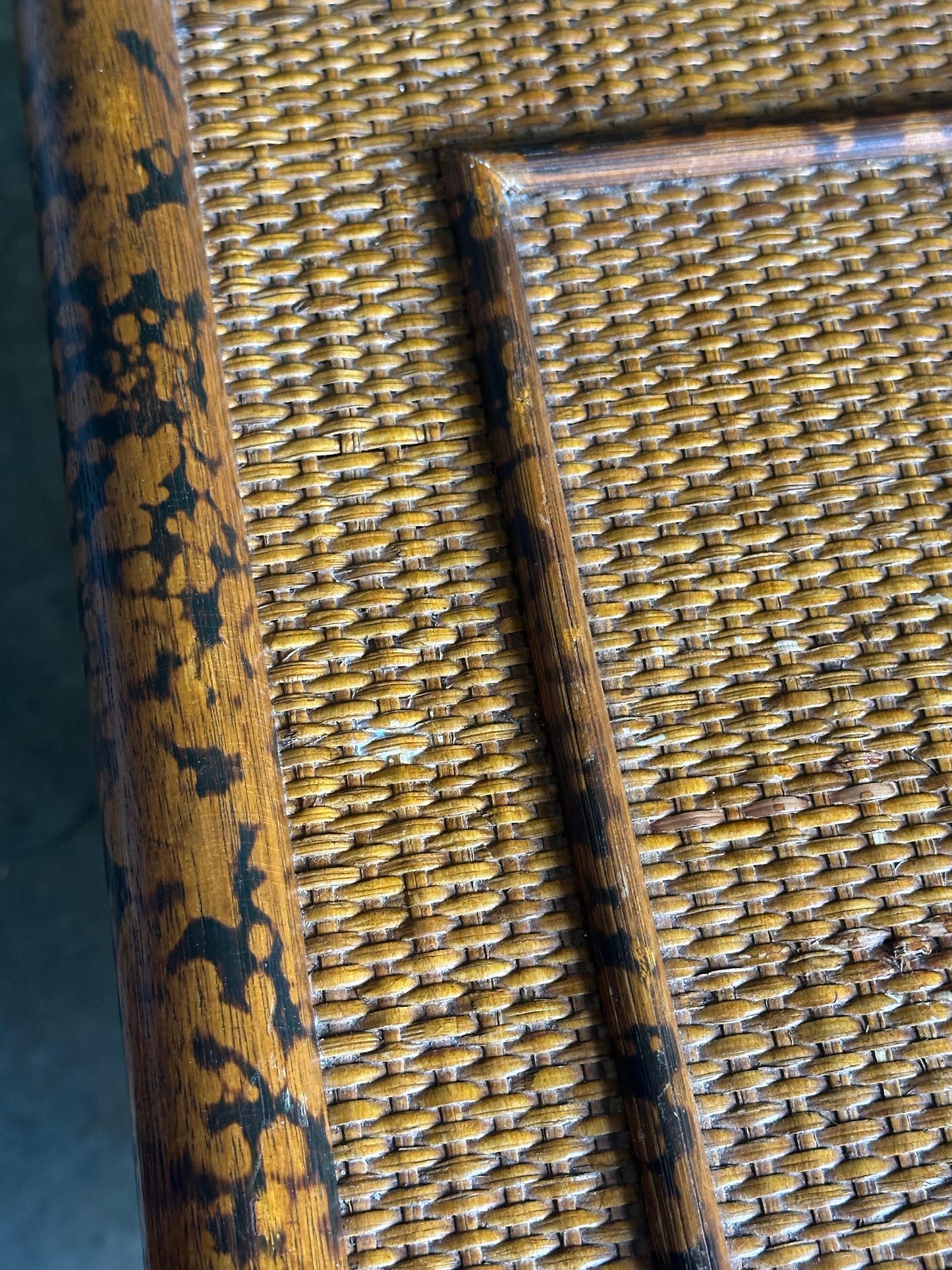 Frisman Vintage 1980s Vintage British Colonial Style Burnt Bamboo and Cane Nightstands- A Pair