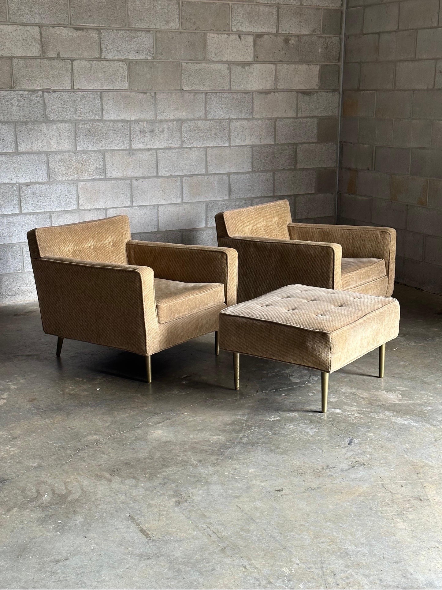 Frisman Vintage Edward Wormley for Dunbar Brass Leg Lounge Chairs and Ottoman