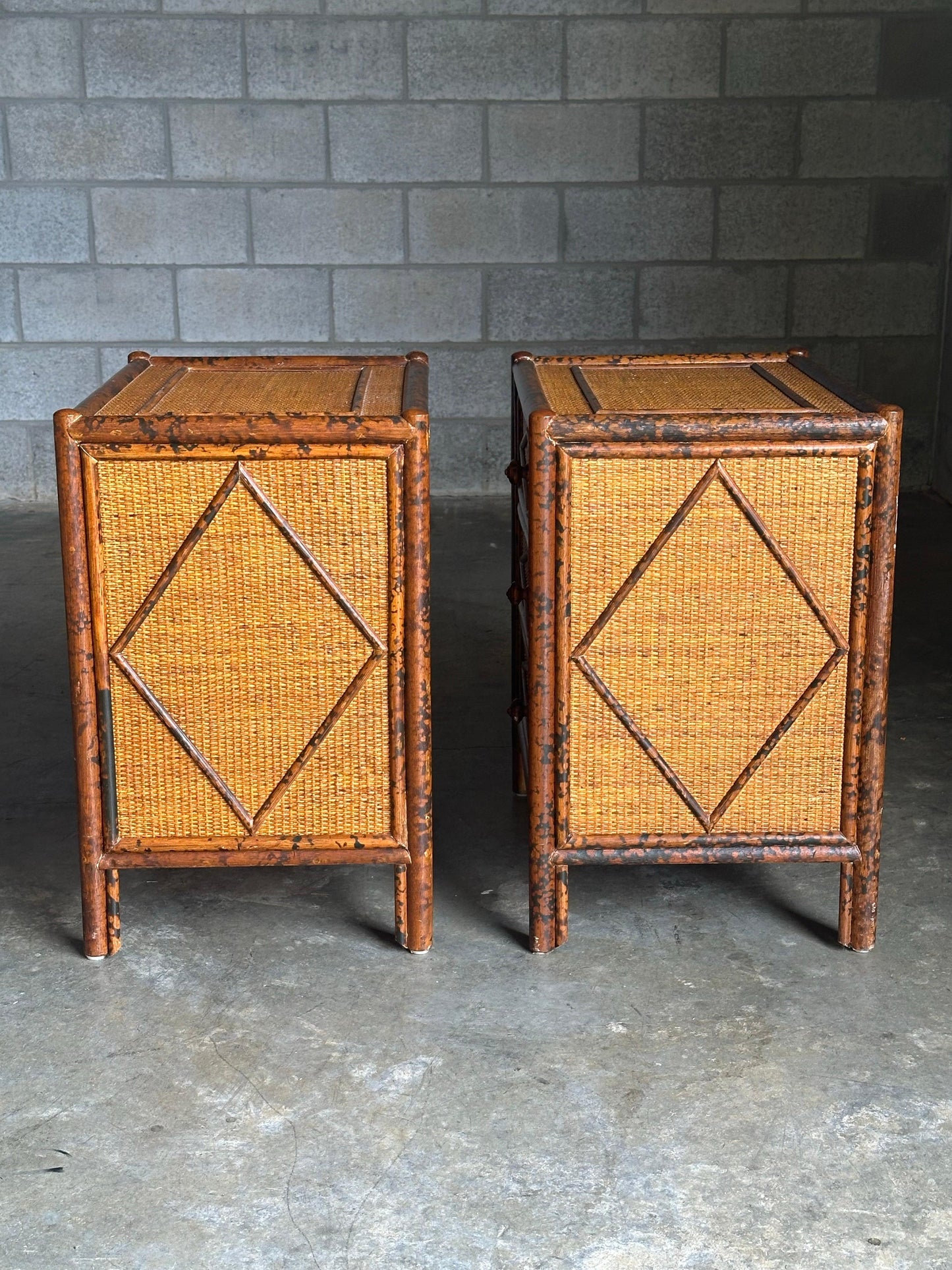 Frisman Vintage 1980s Vintage British Colonial Style Burnt Bamboo and Cane Nightstands- A Pair