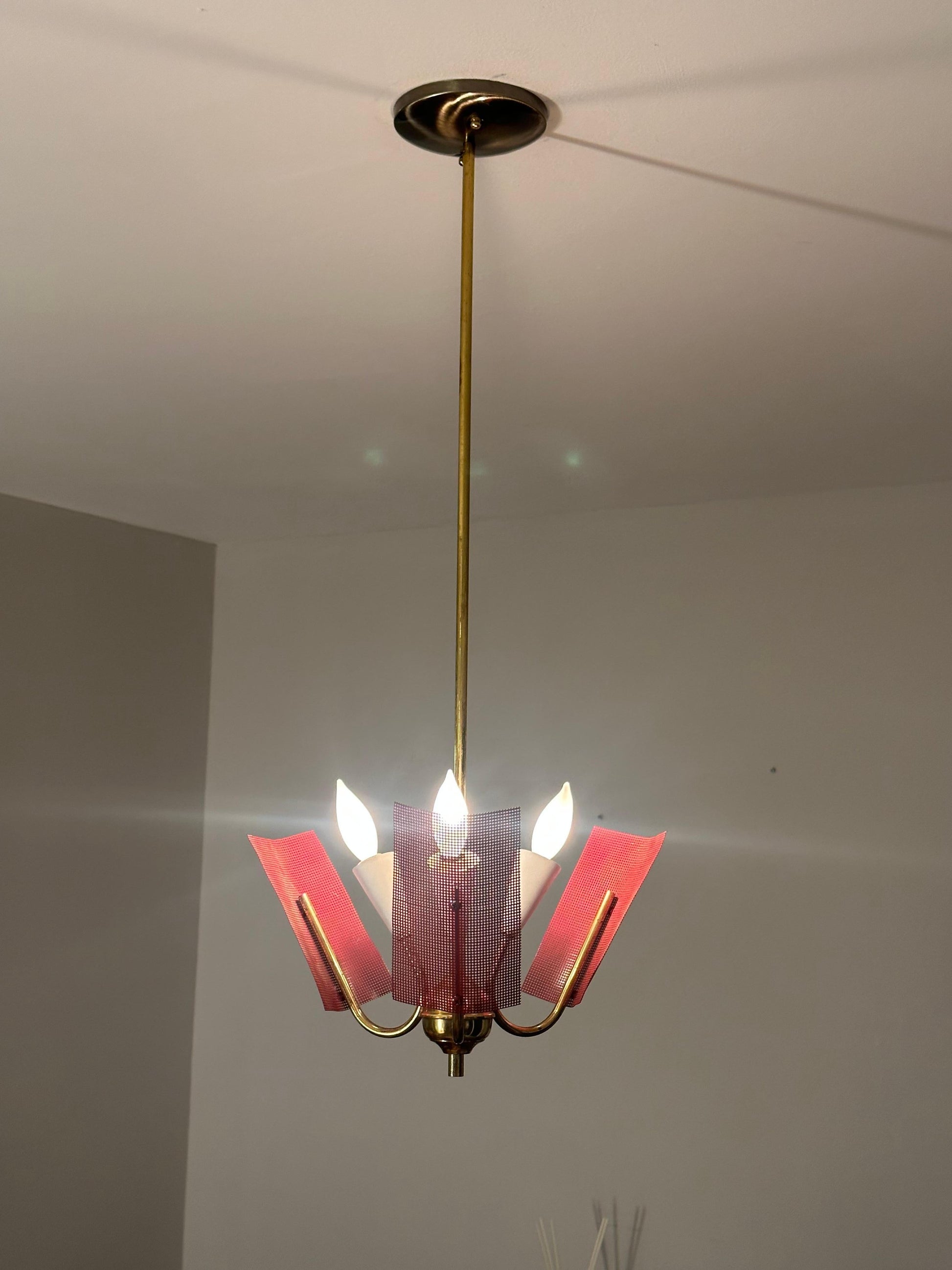 Frisman Vintage Mid Century Modern Perforated Red Metal and Brass Chandelier