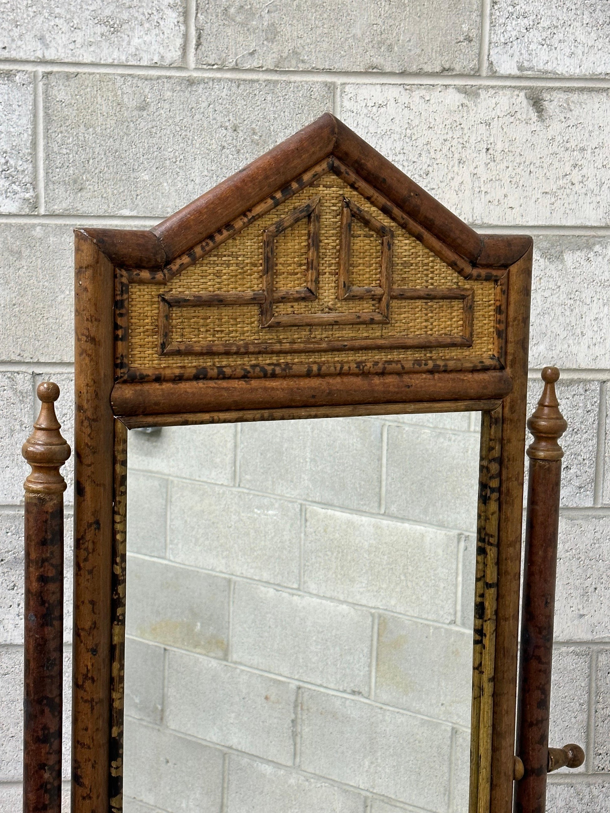 Frisman Vintage British Colonial Style Burnt Bamboo and Cane Freestanding Cheval Floor Mirror