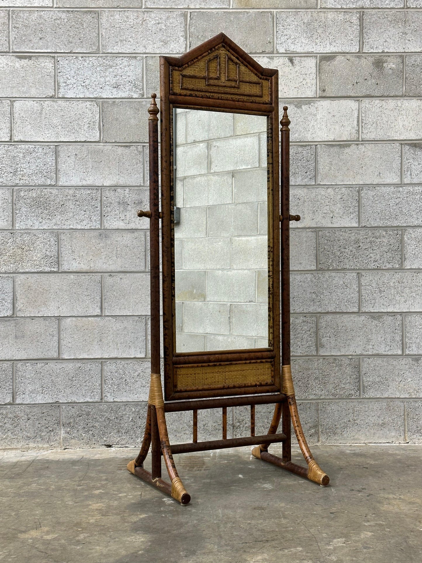 Frisman Vintage British Colonial Style Burnt Bamboo and Cane Freestanding Cheval Floor Mirror