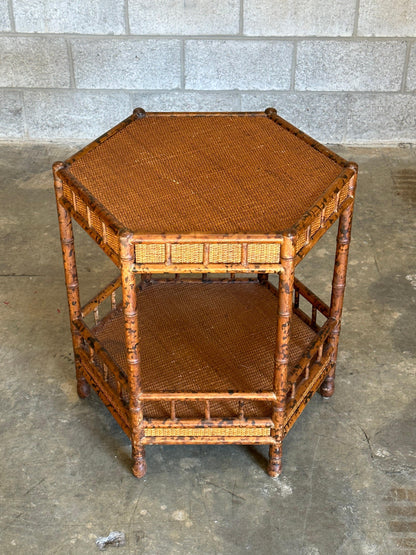 British Colonial Style Tiered Hexagon Table in Faux Bamboo and Cane