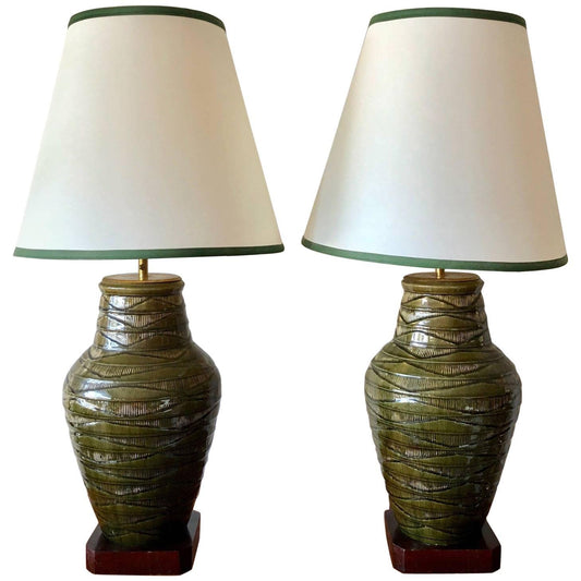 Frisman Vintage Pair of Impressive Thai Celadon Green Porcelain Crackle Lamps