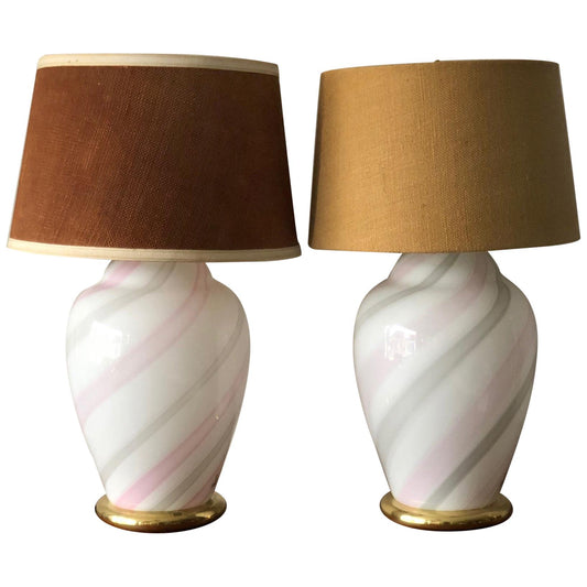 Frisman Vintage Murano White and Pink Striped Glass Lamps