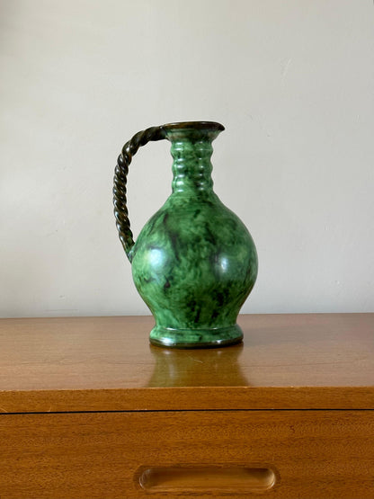 Frisman Vintage Erik Mornils Handled Pitcher Vase for Nittsjö Keramik, Sweden, Malachite Glaze