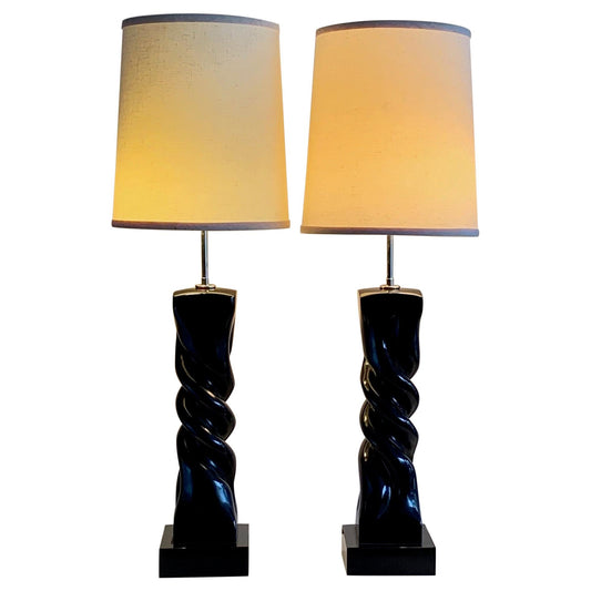 Frisman Vintage Pair of Table Lamps by Heifetz in Black Lacquer