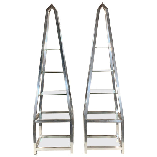 Frisman Vintage Pair of Obelisk Étagères in Polished Aluminum