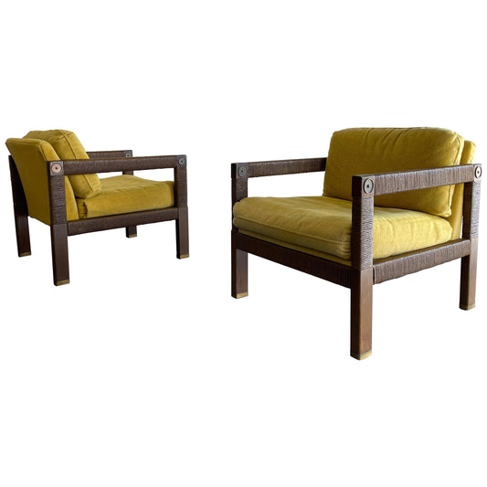 Frisman Vintage Modernist Club Chairs, Brass and Rush Cord