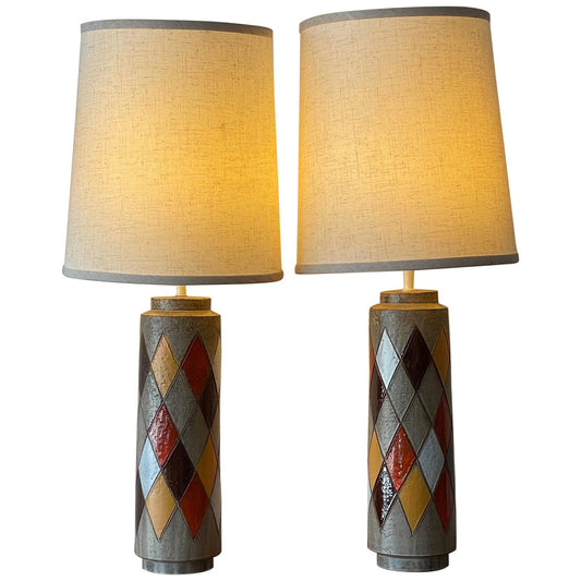 Frisman Vintage Pair of Aldo Londi Bitossi Cermaic Lamps Harlequin Pattern